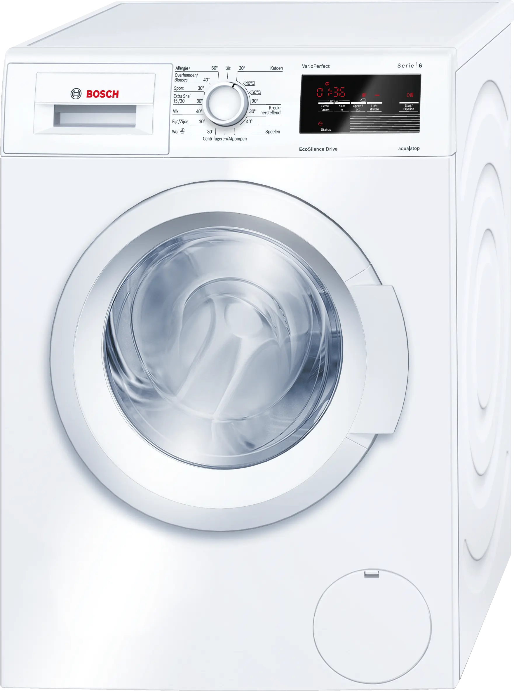 Bosch Serie 6 WNAT323471 wasmachine met EcoSilence Drive motor, VarioPerfect, ActiveWater Plus, VarioTrommel, AquaStop en 7 kg laadvermogen in witte uitvoering.