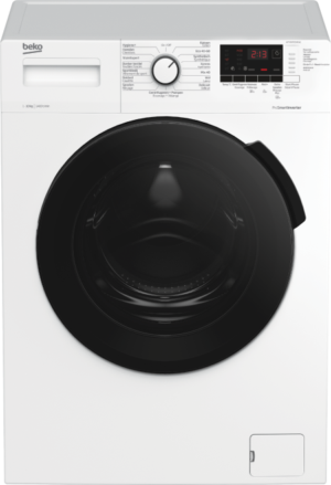 eko WTV10725XCW1 wasmachine met 10 kg laadvermogen, ProSmart Inverter Motor, AntiCrease®, Wave Drum en 1400 toeren in witte uitvoering.