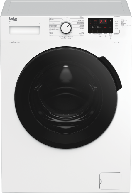 eko WTV10725XCW1 wasmachine met 10 kg laadvermogen, ProSmart Inverter Motor, AntiCrease®, Wave Drum en 1400 toeren in witte uitvoering.