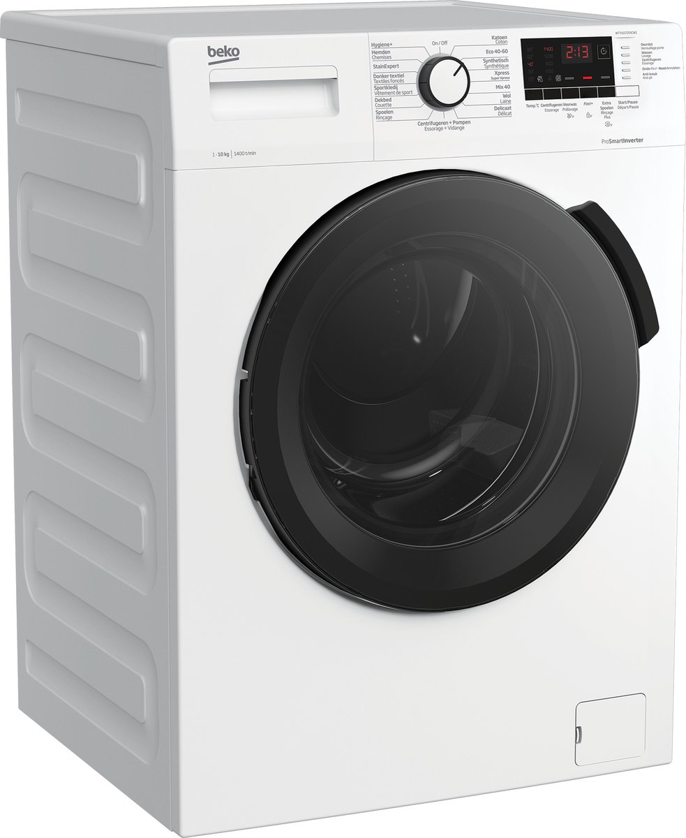 eko WTV10725XCW1 wasmachine met 10 kg laadvermogen, ProSmart Inverter Motor, AntiCrease®, Wave Drum en 1400 toeren in witte uitvoering.