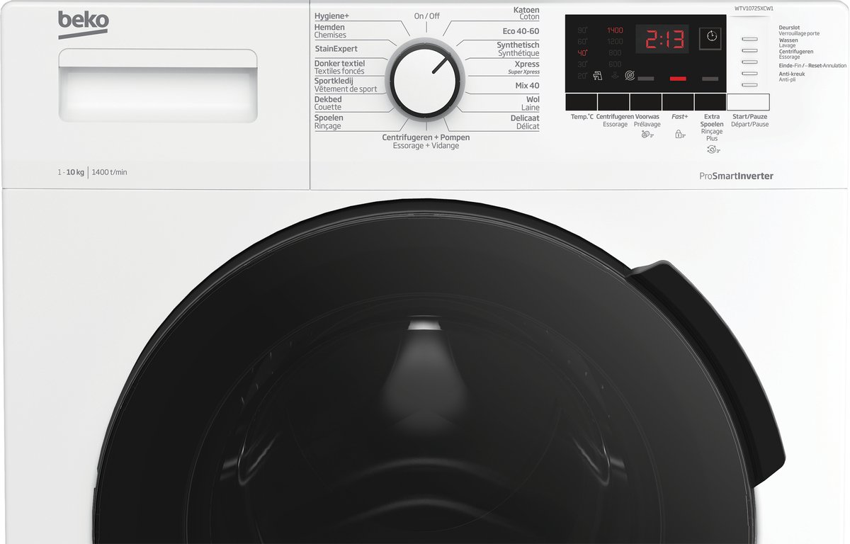 eko WTV10725XCW1 wasmachine met 10 kg laadvermogen, ProSmart Inverter Motor, AntiCrease®, Wave Drum en 1400 toeren in witte uitvoering.
