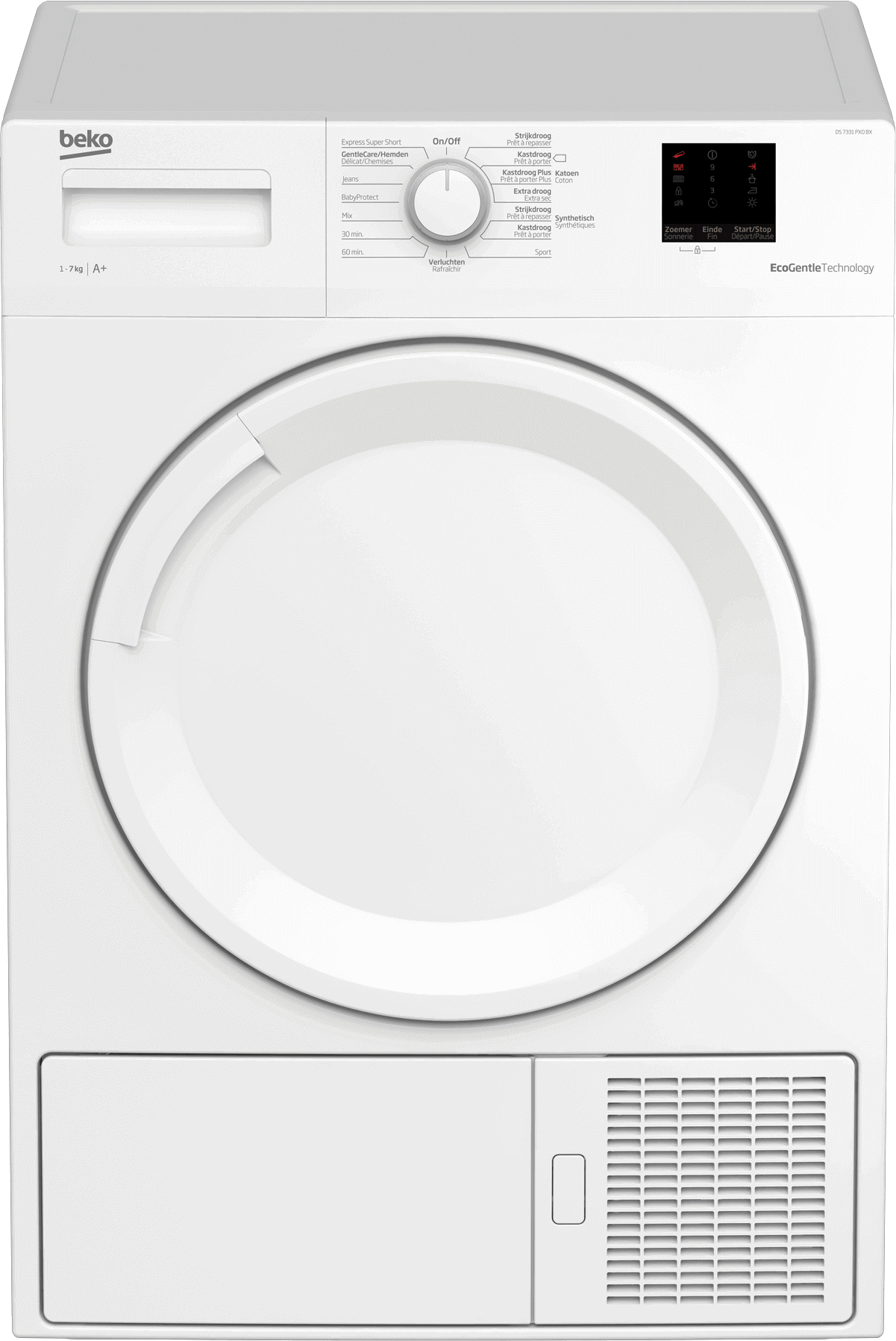 Beko DS7331 PX0 BX warmtepompdroger met EcoGentle™, AquaWave® trommel, automatische vochtmeting en 7 kg laadvermogen in witte uitvoering.