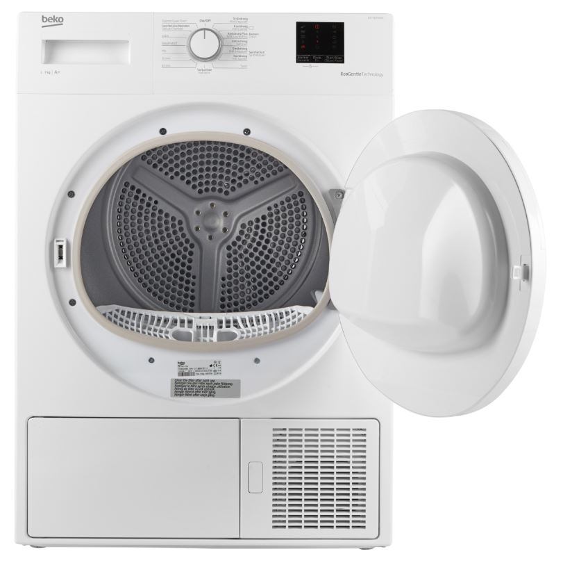 Beko DS7331 PX0 BX warmtepompdroger met EcoGentle™, AquaWave® trommel, automatische vochtmeting en 7 kg laadvermogen in witte uitvoering.