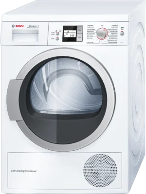 Bosch Serie 8 WTW86576EX warmtepompdroger met SelfCleaning Condenser, AutoDry, SensitiveDrying System, AntiVibration Design en 7 kg laadvermogen in witte uitvoering.