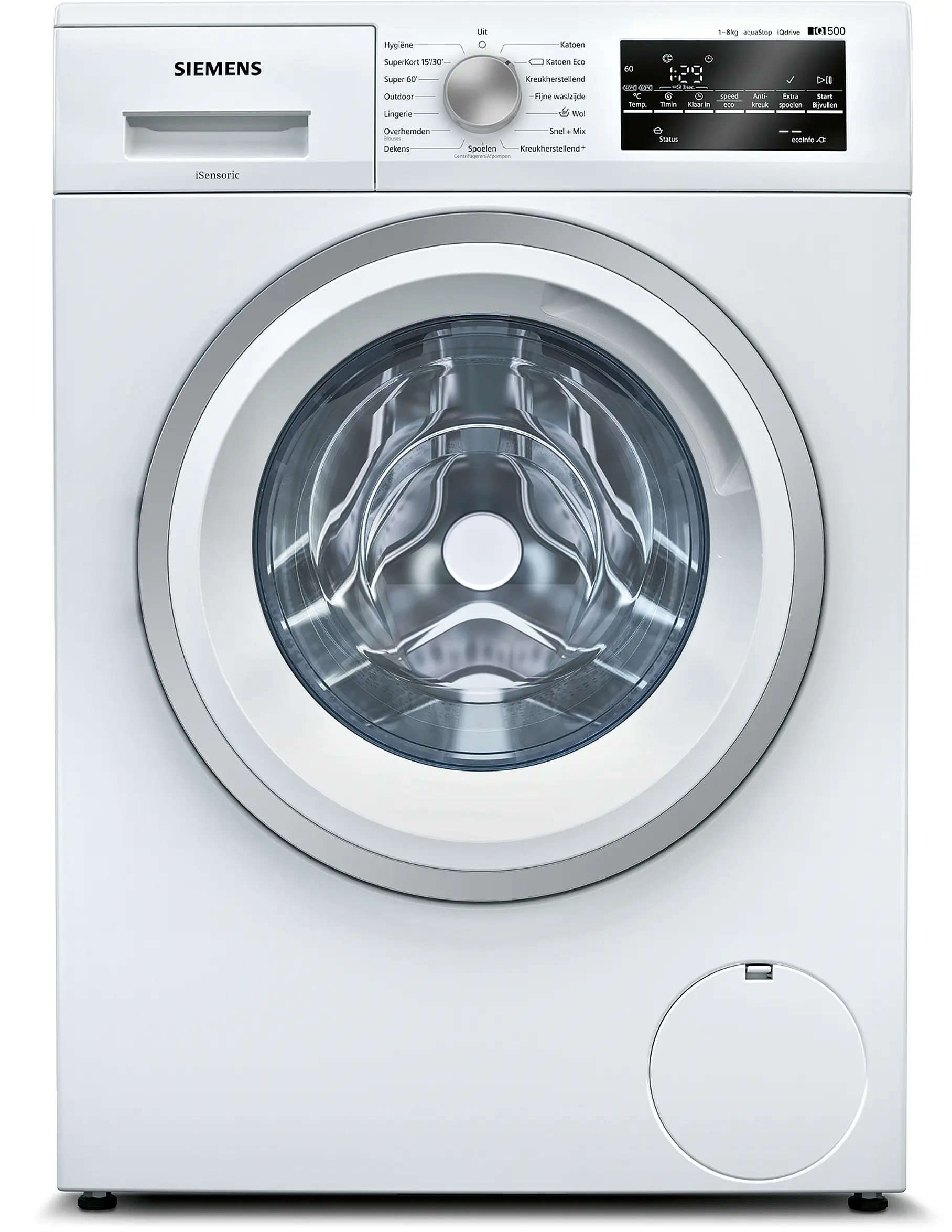 Siemens iQ500 WM14T463NL wasmachine met iQdrive motor, speedPack L, waterPerfect Plus, waveTrommel, AquaStop en 8 kg laadvermogen in witte uitvoering.