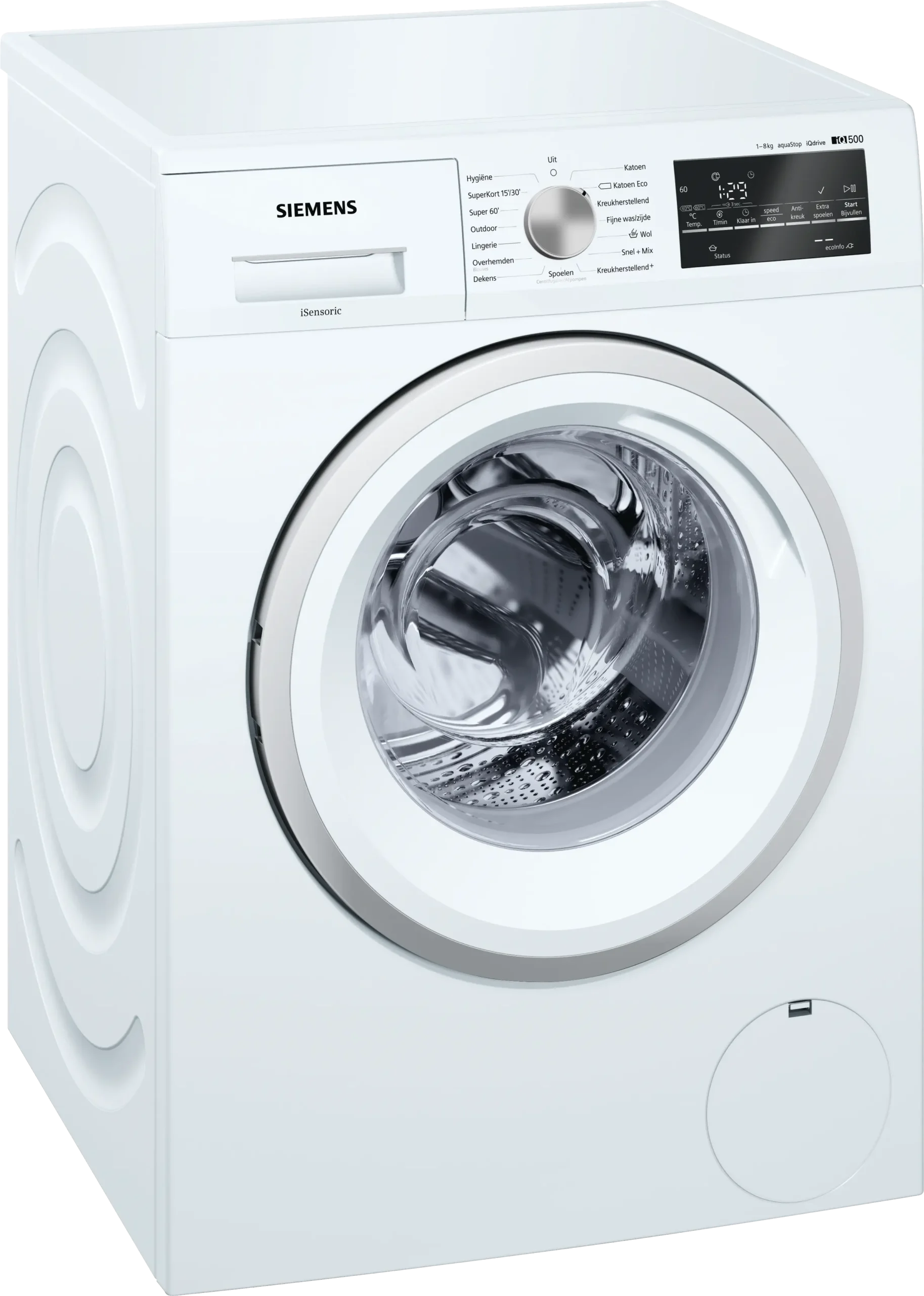Siemens iQ500 WM14T463NL wasmachine met iQdrive motor, speedPack L, waterPerfect Plus, waveTrommel, AquaStop en 8 kg laadvermogen in witte uitvoering.