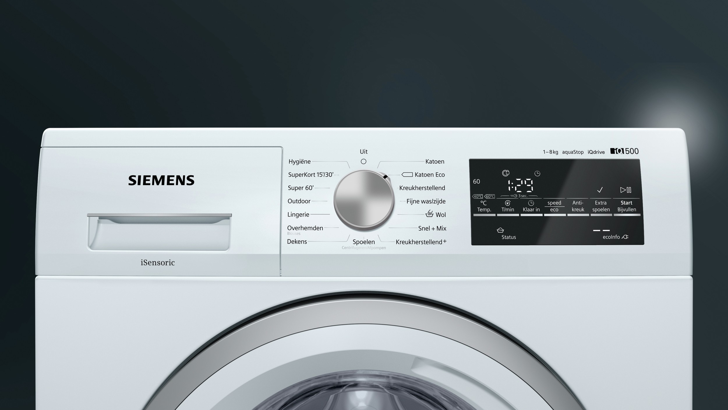 Siemens iQ500 WM14T463NL wasmachine met iQdrive motor, speedPack L, waterPerfect Plus, waveTrommel, AquaStop en 8 kg laadvermogen in witte uitvoering.