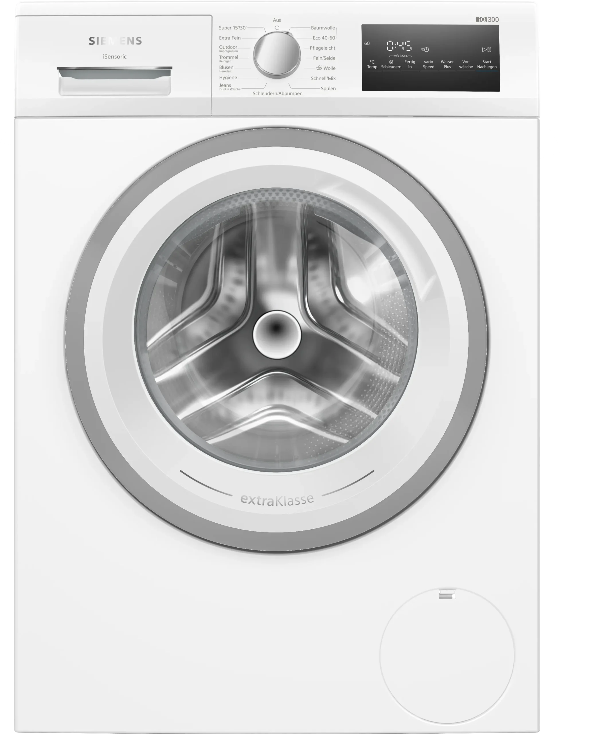 Siemens iQ300 WM14NK93 wasmachine met iQdrive motor, waterPerfect Plus, speedPack L, softTrommel, aquaStop en 8 kg laadvermogen in witte uitvoering.