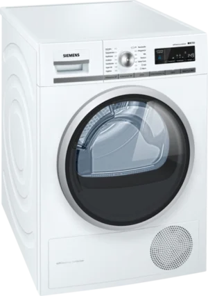 Siemens iQ700 WT47W560 warmtepompdroger met SelfCleaning Condenser, autoDry, speedPack, softDry trommelsysteem en 8 kg laadvermogen in witte uitvoering.