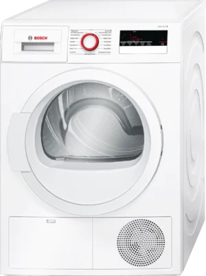 Bosch Serie 4 WTH852V8 warmtepompdroger met AutoDry, SensitiveDrying System, EasyClean-condensor, AntiVibration Design en 8 kg laadvermogen in witte uitvoering.