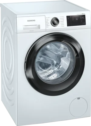 Siemens iQ500 WM14URFCB wasmachine met 9 kg laadvermogen, iQdrive motor, Home Connect, waterPerfect Plus, antiVlekken-systeem en zwarte deur.