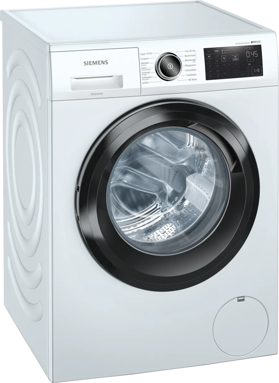 Siemens iQ500 WM14URFCB wasmachine met 9 kg laadvermogen, iQdrive motor, Home Connect, waterPerfect Plus, antiVlekken-systeem en zwarte deur.