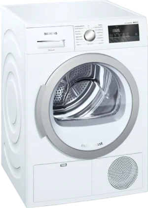 Siemens iQ300 WT45H281NL warmtepompdroger met autoDry, easyClean-filter, softDry trommelsysteem, wolkorf en 7 kg laadvermogen in witte uitvoering.