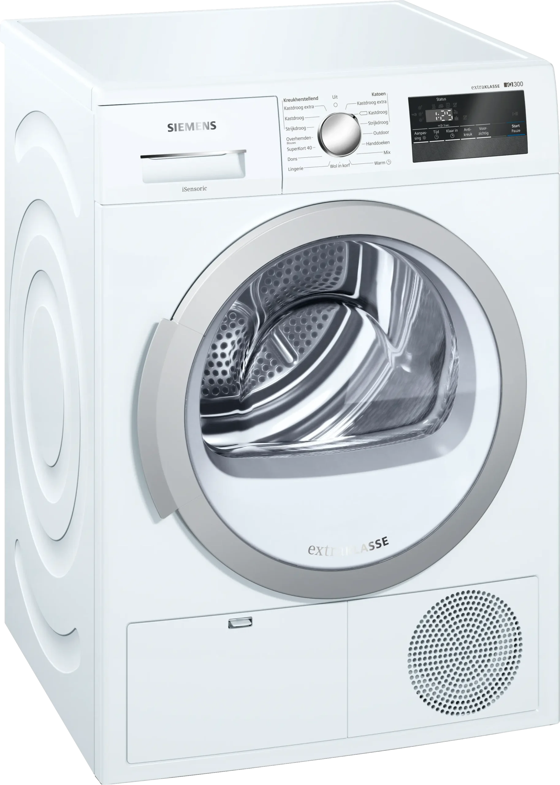Siemens iQ300 WT45H281NL warmtepompdroger met autoDry, easyClean-filter, softDry trommelsysteem, wolkorf en 7 kg laadvermogen in witte uitvoering.