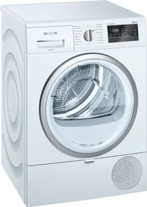 Siemens iQ300 WT45RV80 warmtepompdroger met autoDry, easyClean-filter, softDry trommelsysteem, super40'-programma en 7 kg laadvermogen in witte uitvoering.