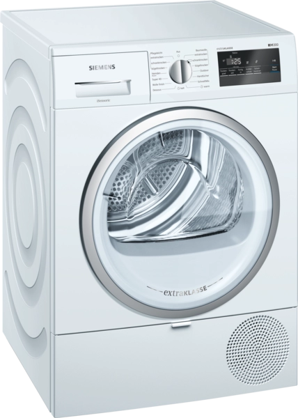 Siemens iQ300 WT45RV80 warmtepompdroger met autoDry, easyClean-filter, softDry trommelsysteem, super40'-programma en 7 kg laadvermogen in witte uitvoering.