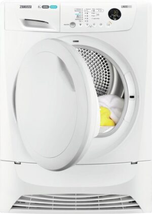 Zanussi ZDC8203P condensdroger met 8 kg laadvermogen, SensorDry vochtigheidssensor, LCD-display en anti-kreukfase in witte uitvoering.