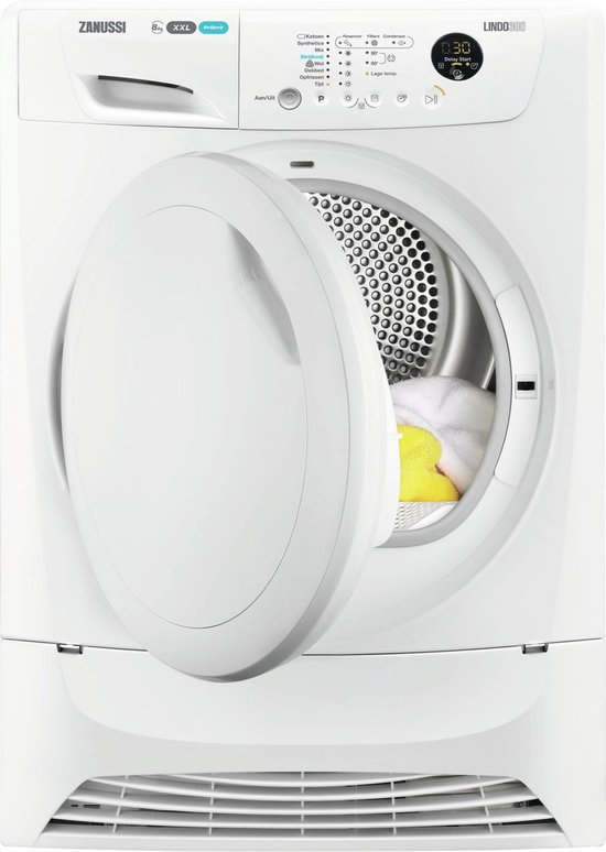 Zanussi ZDC8203P condensdroger met 8 kg laadvermogen, SensorDry vochtigheidssensor, LCD-display en anti-kreukfase in witte uitvoering.