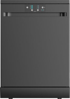 Exquisit GSP8614-450DB vrijstaande vaatwasser met 14 couverts, Aquastop, LED-display, verstelbare bovenkorf en zwarte afwerking.