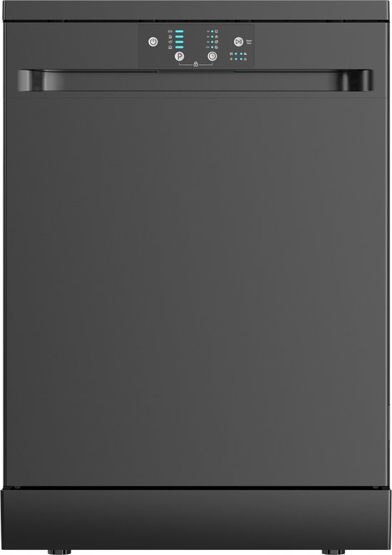 Exquisit GSP8614-450DB vrijstaande vaatwasser met 14 couverts, Aquastop, LED-display, verstelbare bovenkorf en zwarte afwerking.