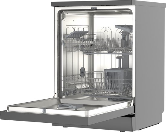 Exquisit GSP8614-450DB vrijstaande vaatwasser met 14 couverts, Aquastop, LED-display, verstelbare bovenkorf en zwarte afwerking.