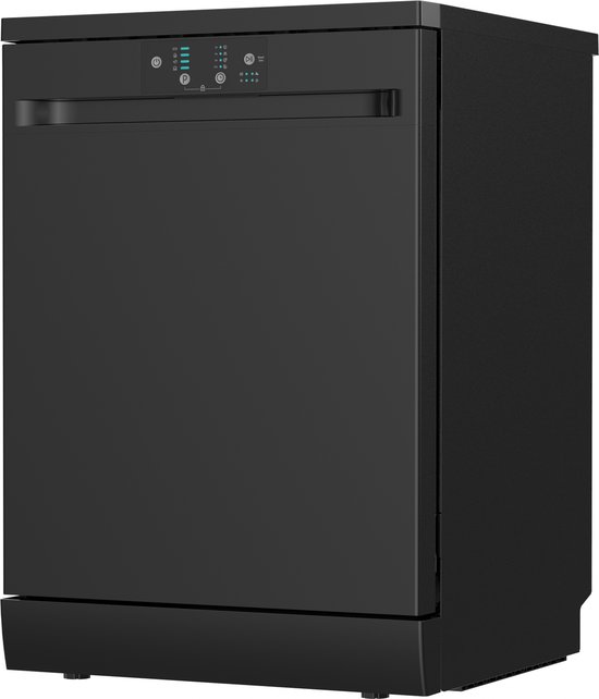 Exquisit GSP8614-450DB vrijstaande vaatwasser met 14 couverts, Aquastop, LED-display, verstelbare bovenkorf en zwarte afwerking.