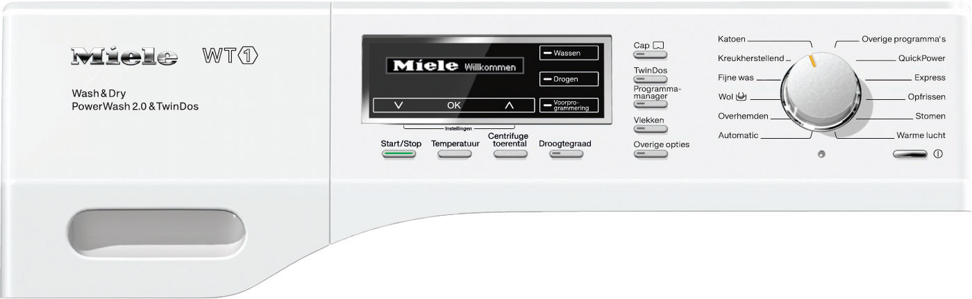 De Miele WT1 WTZH130 WPM was-droogcombinatie met 8 kg wassen, 5 kg drogen, TwinDos, PowerWash 2.0, SteamCare en 1600 toeren. Premium wassen en drogen in één apparaat.