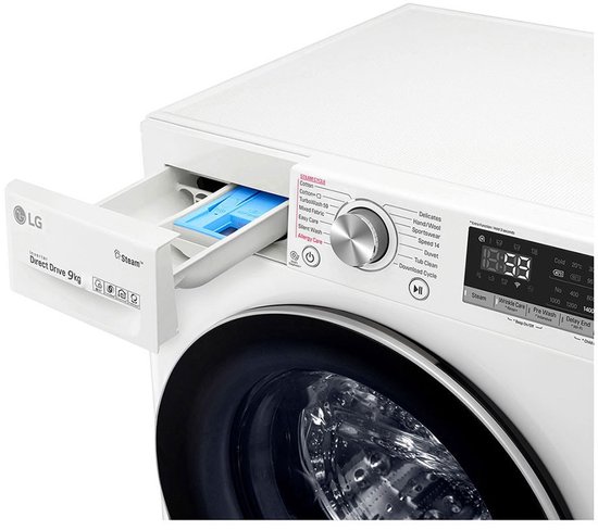 LG F4V909P2E wasmachine 9 kg met 1400 toeren, AI DD, TurboWash 39, Steam+ en ThinQ wifi.