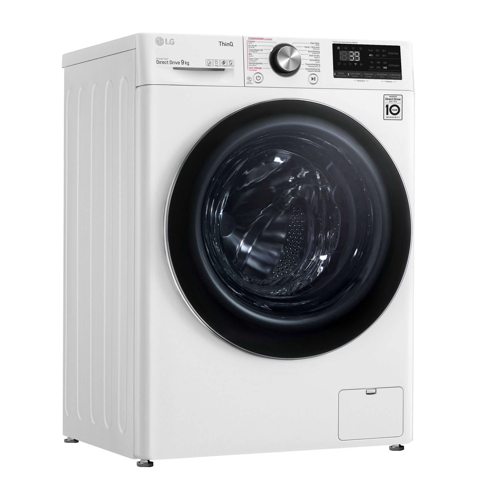 LG F4V909P2E wasmachine 9 kg met 1400 toeren, AI DD, TurboWash 39, Steam+ en ThinQ wifi.