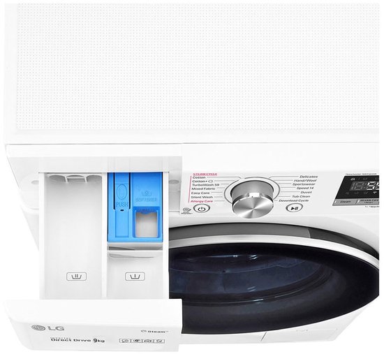 LG F4V909P2E wasmachine 9 kg met 1400 toeren, AI DD, TurboWash 39, Steam+ en ThinQ wifi.