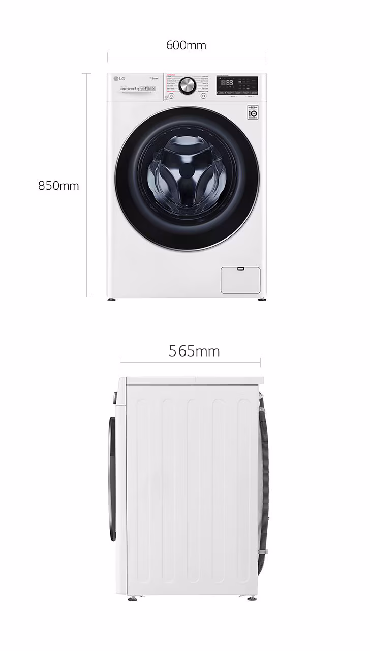 LG F4V909P2E wasmachine 9 kg met 1400 toeren, AI DD, TurboWash 39, Steam+ en ThinQ wifi.