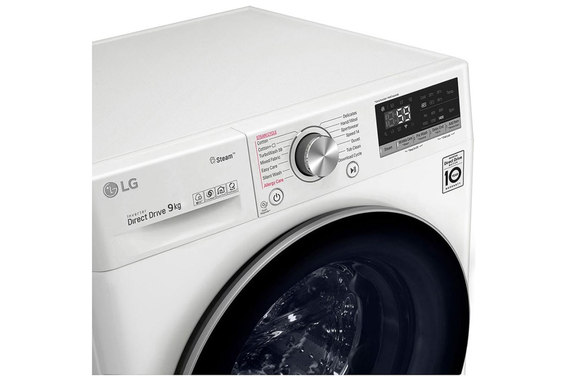 LG F4V909P2E wasmachine 9 kg met 1400 toeren, AI DD, TurboWash 39, Steam+ en ThinQ wifi.