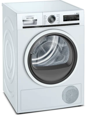 Siemens iQ700 WT47W5S1 warmtepompdroger met SelfCleaning Condenser, autoDry, softDry trommelsysteem, speedPack en 8 kg laadvermogen in witte uitvoering.