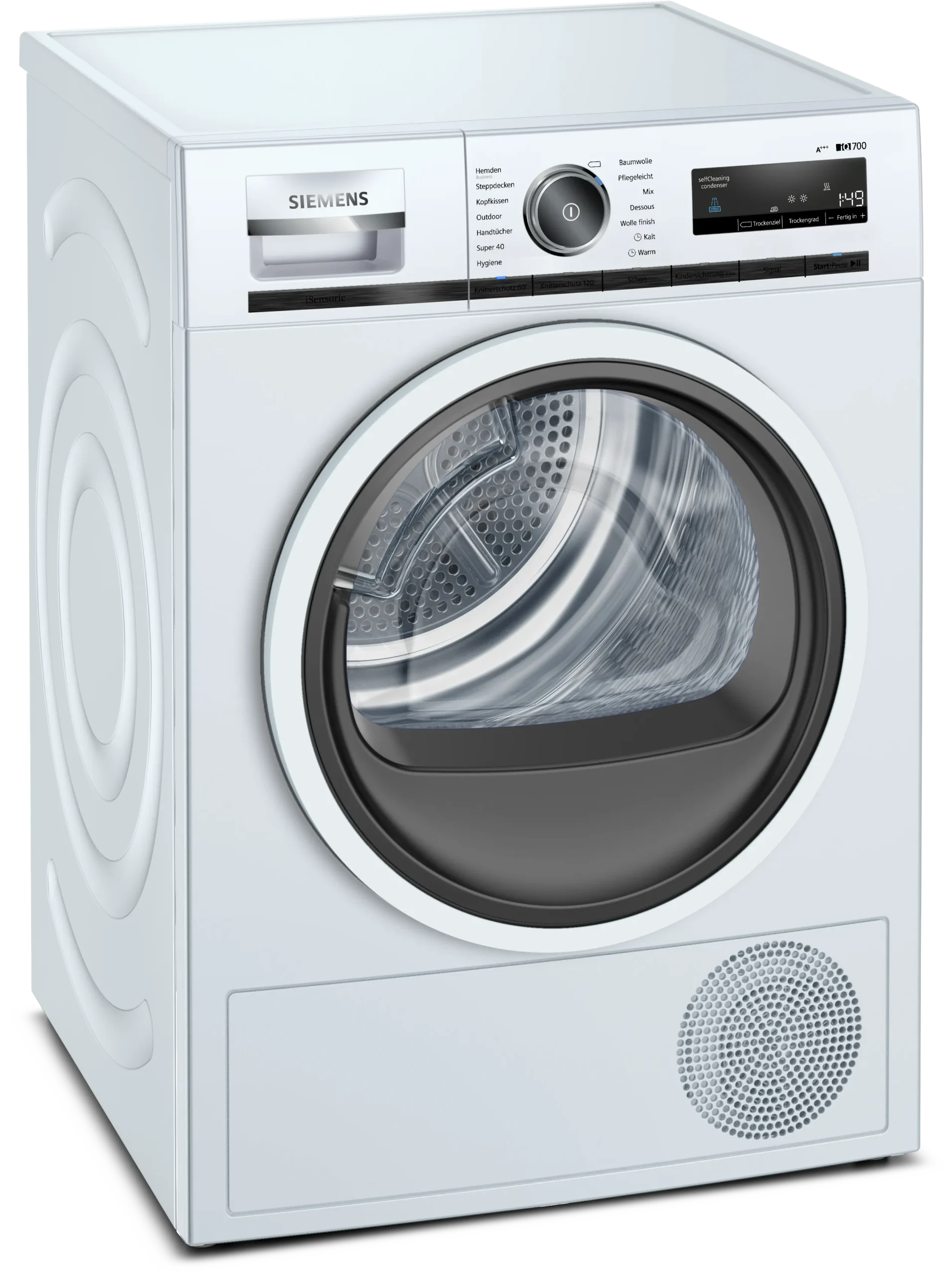 Siemens iQ700 WT47W5S1 warmtepompdroger met SelfCleaning Condenser, autoDry, softDry trommelsysteem, speedPack en 8 kg laadvermogen in witte uitvoering.
