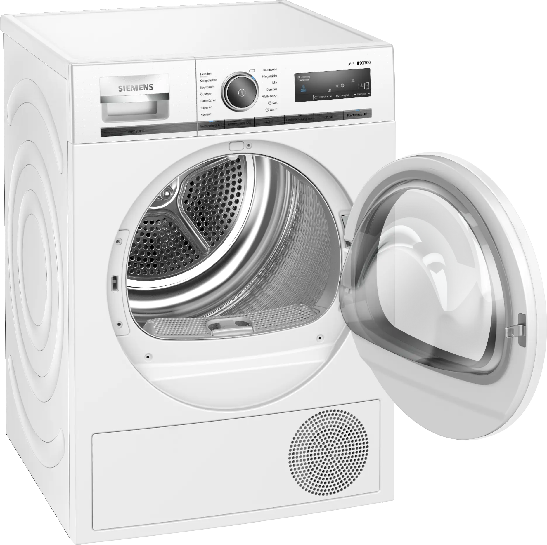Siemens iQ700 WT47W5S1 warmtepompdroger met SelfCleaning Condenser, autoDry, softDry trommelsysteem, speedPack en 8 kg laadvermogen in witte uitvoering.