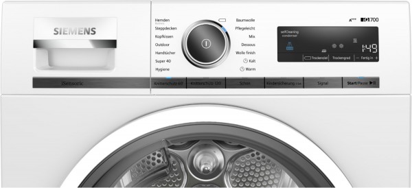 Siemens iQ700 WT47W5S1 warmtepompdroger met SelfCleaning Condenser, autoDry, softDry trommelsysteem, speedPack en 8 kg laadvermogen in witte uitvoering.