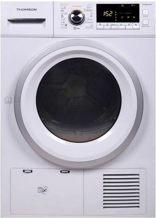 Thomson THTD8LIGHT condensdroger met 8 kg laadvermogen, vochtsensor, anti-kreukfunctie, resttijdindicatie en uitgestelde start.