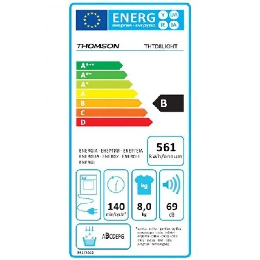Thomson THTD8LIGHT condensdroger met 8 kg laadvermogen, vochtsensor, anti-kreukfunctie, resttijdindicatie en uitgestelde start.