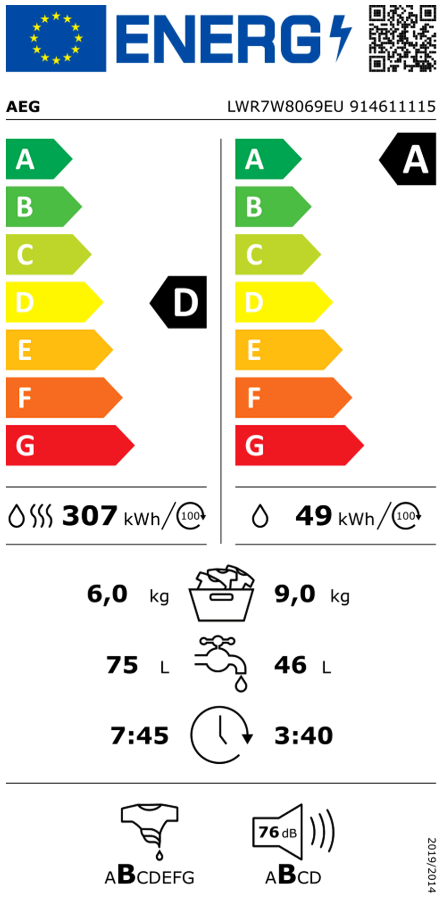 AEG 7000 LWR7W8069EU witte was-droogcombinatie 9 kg wassen 6 kg drogen 1600 toeren ProSteam